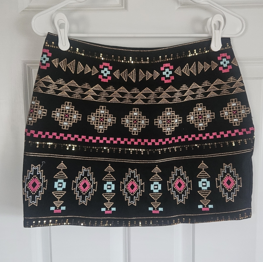 miami Black Mini Skirt with Pink and Teal Aztec Embroidery And Seqiun Detail